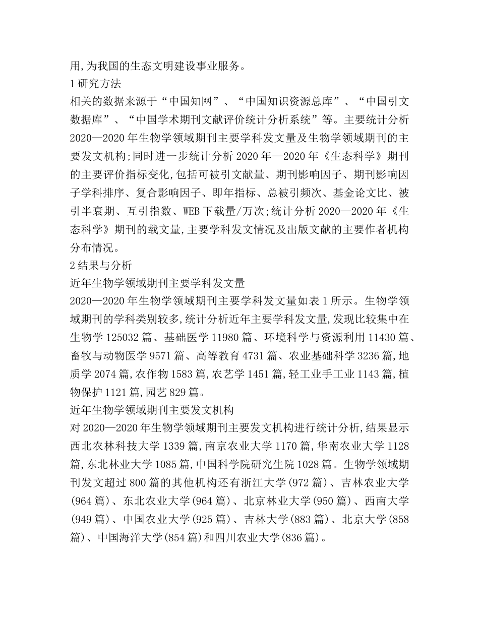 生物学期刊发文及生态科学出版数据 _第2页