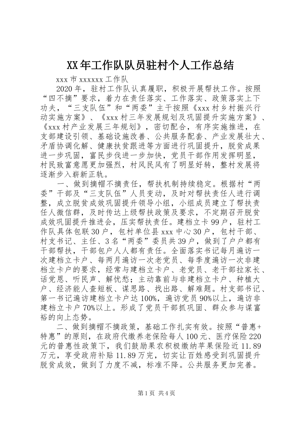 XX年工作队队员驻村个人工作总结_第1页