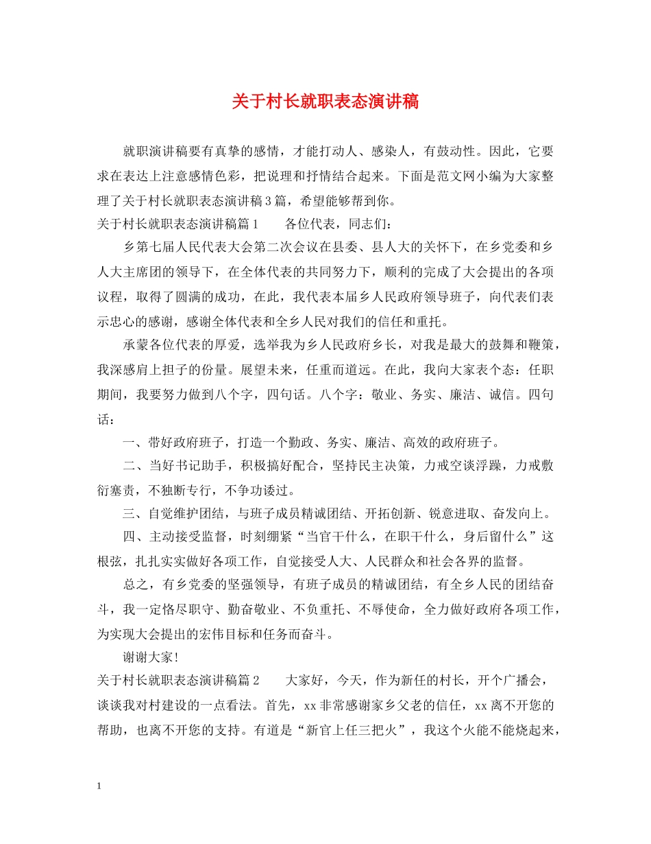 关于村长就职表态演讲稿 _第1页