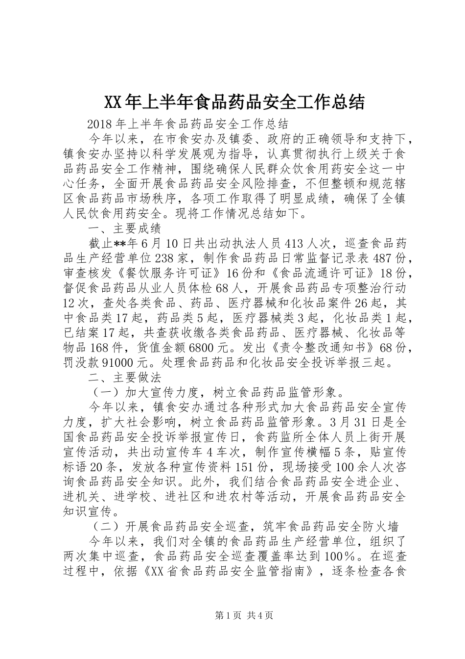 XX年上半年食品药品安全工作总结 (3)_第1页