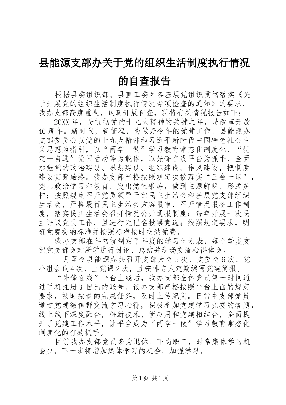 县能源支部办关于党的组织生活制度执行情况的自查报告_第1页