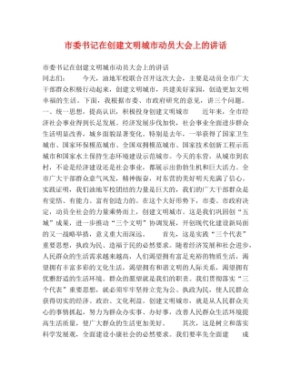 市委书记在创建文明城市动员大会上的讲话2 