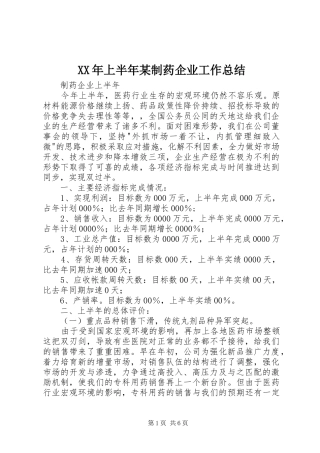 XX年上半年某制药企业工作总结