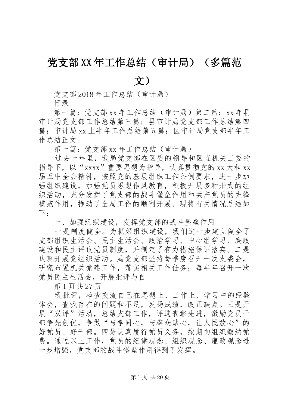 党支部XX年工作总结（审计局）（多篇范文）_第1页