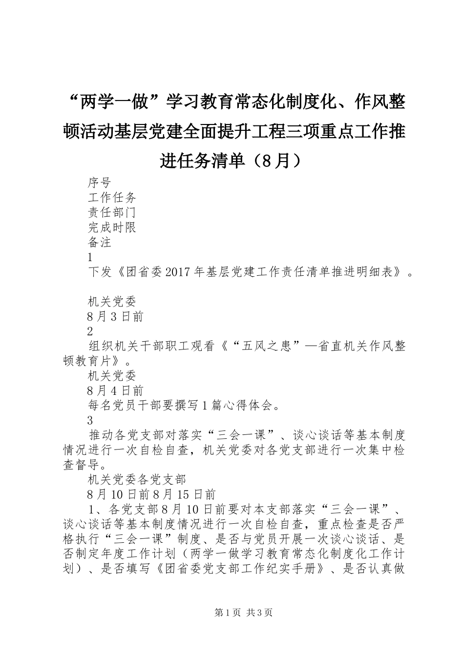 “两学一做”学习教育常态化制度化、作风整顿活动基层党建全面提升工程三项重点工作推进任务清单（8月）_第1页
