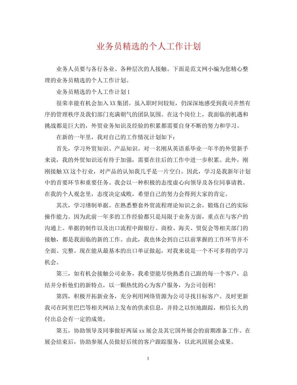 业务员精选的个人工作计划_第1页