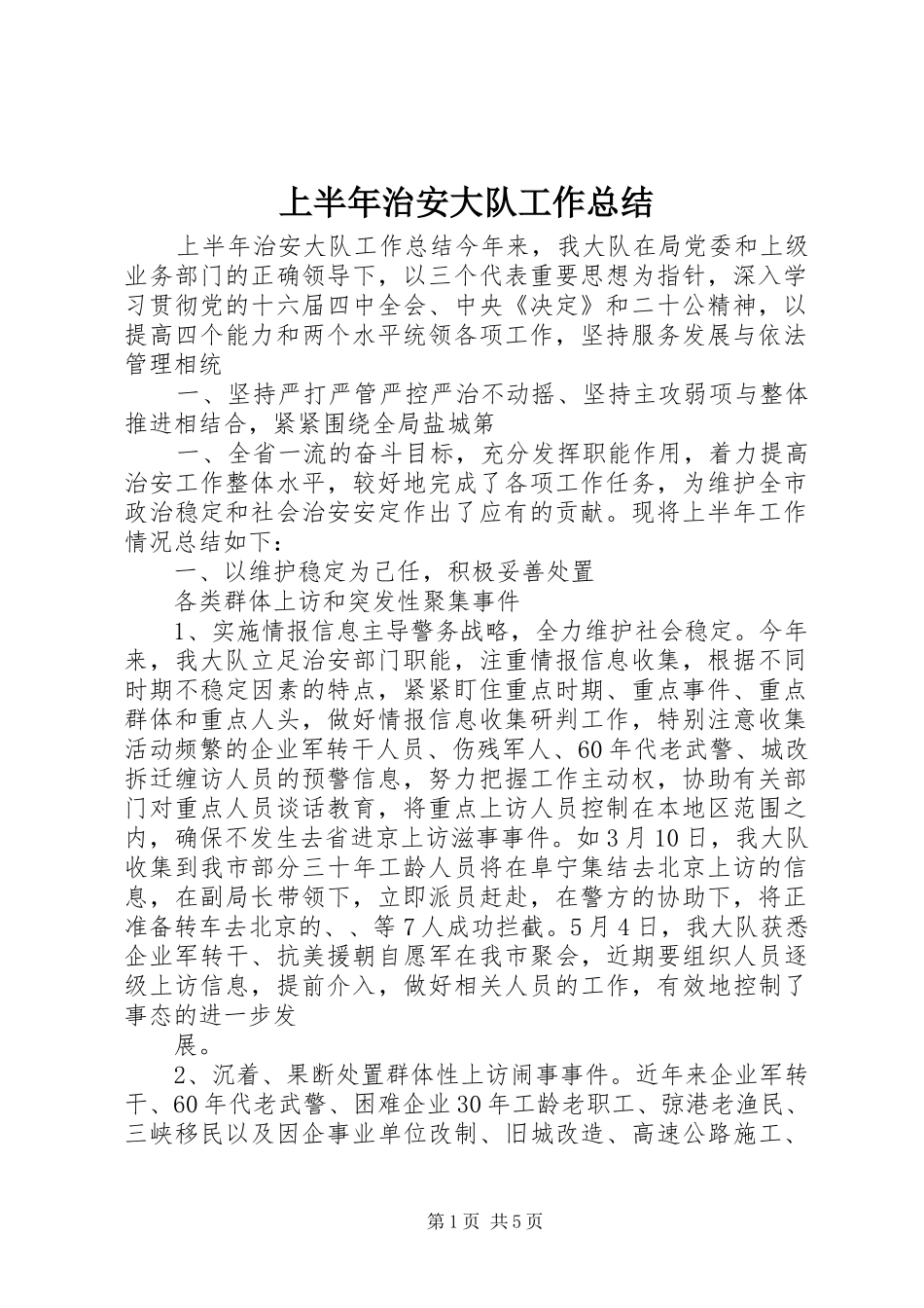上半年治安大队工作总结_第1页