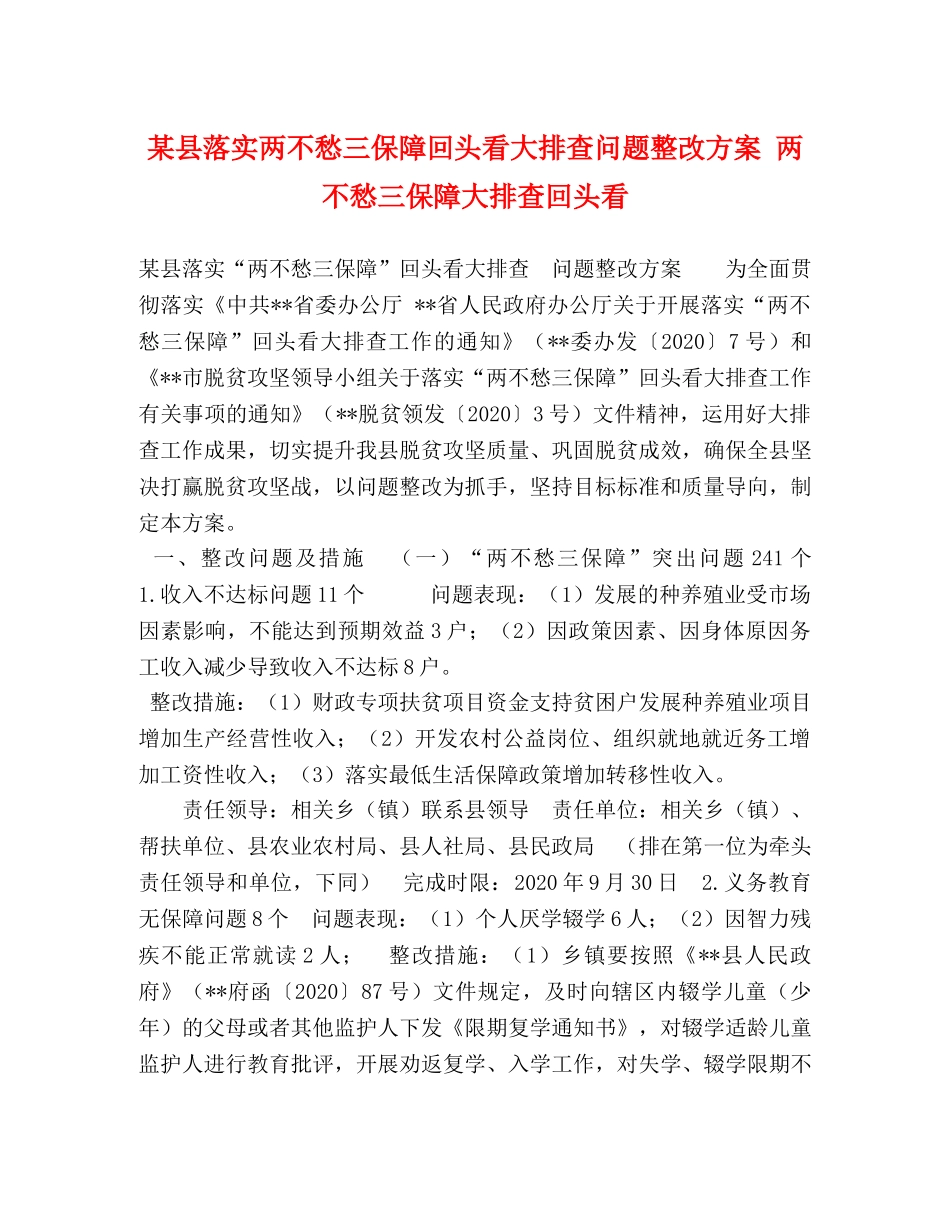 某县落实两不愁三保障回头看大排查问题整改方案 两不愁三保障大排查回头看 _第1页