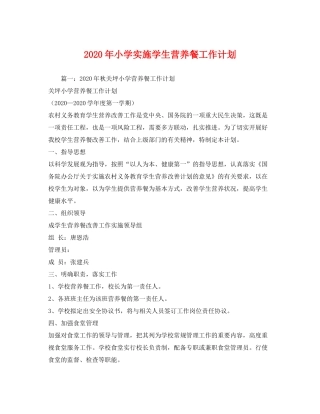 2020年小学实施学生营养餐工作计划