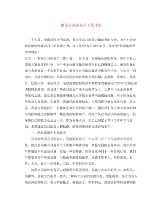 担保公司业务员工作计划2