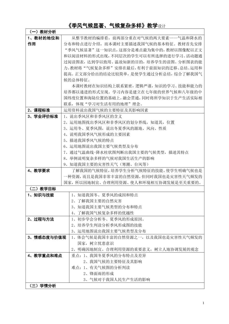 《季风气候显著、气候复杂多样》教学设计_第1页