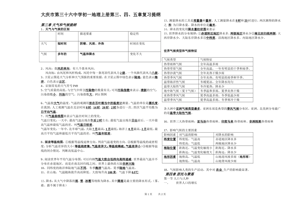 初一地理第三四五章复习提纲B4纸_第1页