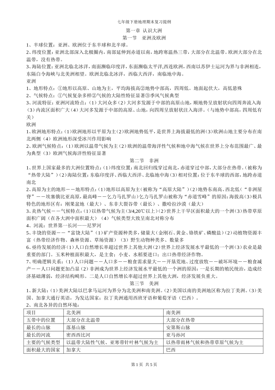 湘教版七年级地理下册复习提纲_第1页