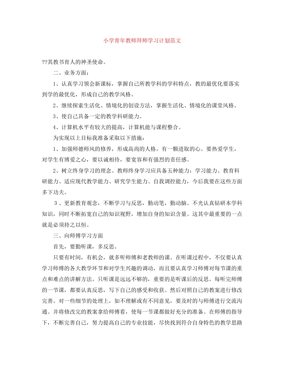 小学青年教师拜师学习计划范文_第1页