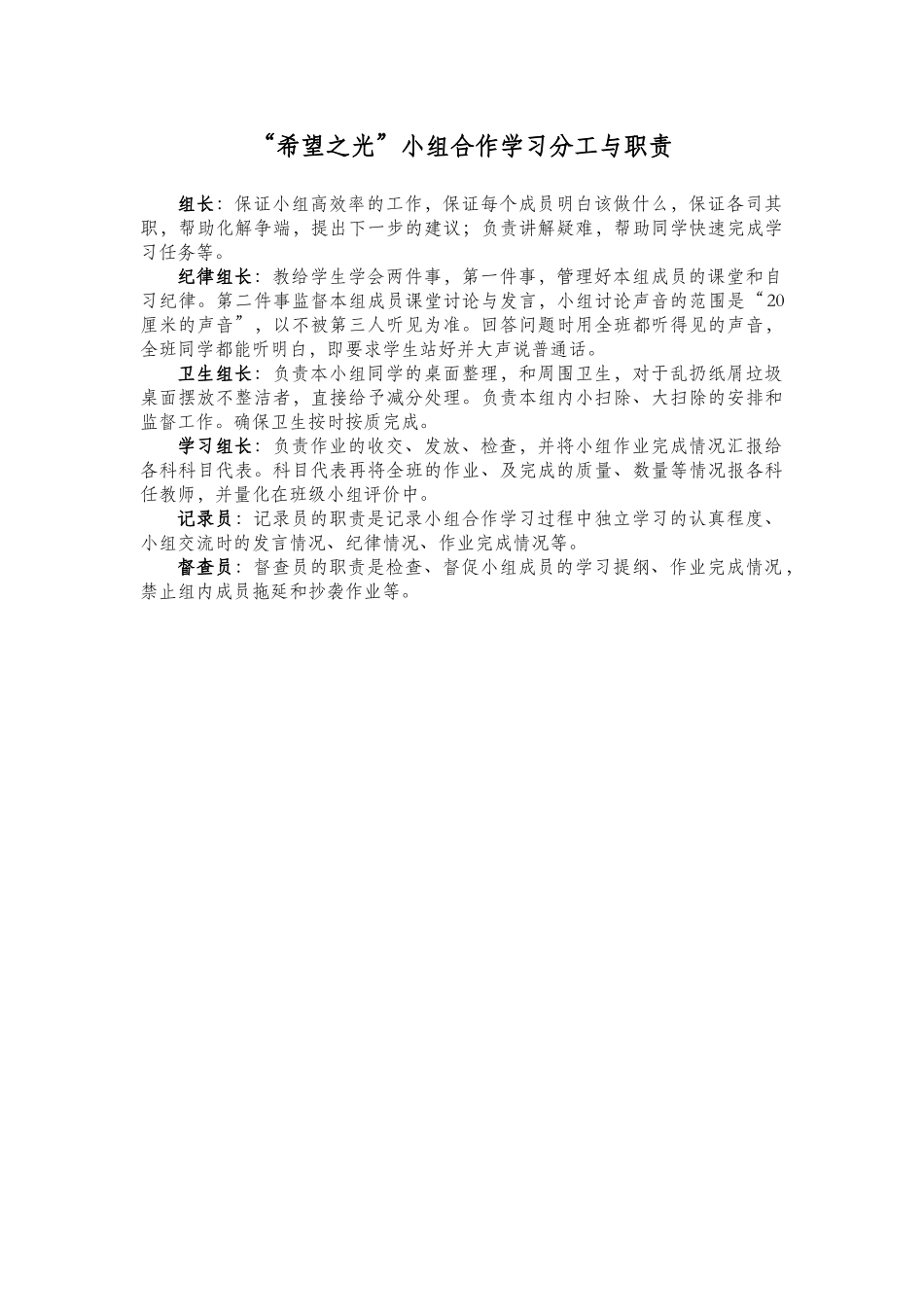 “希望之光”小组合作学习分工与职责_第1页