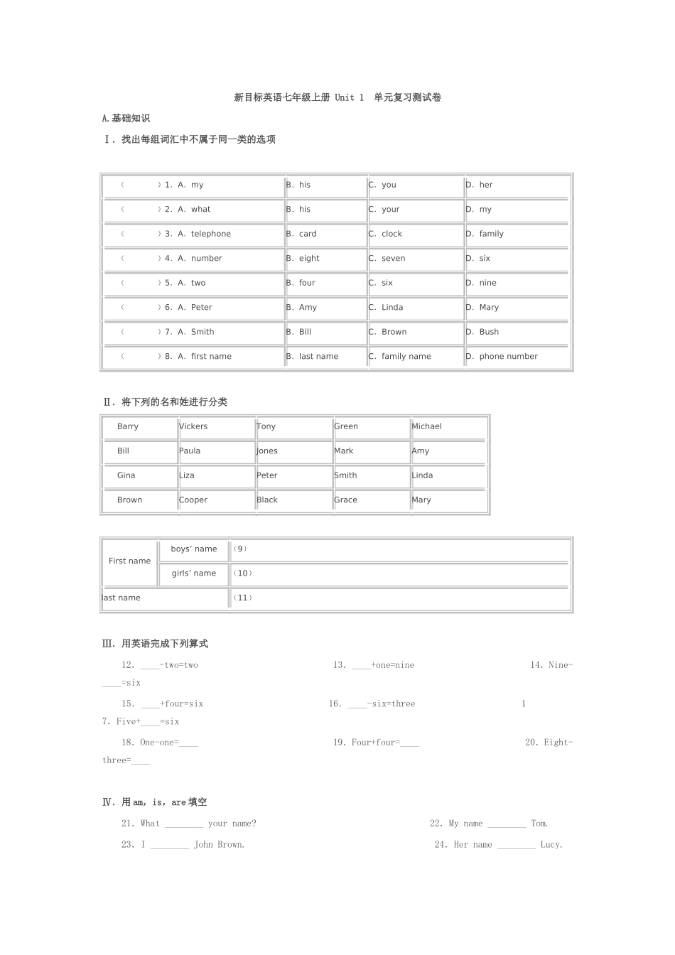 新目标英语七年级上册Unit1单元复习测试卷_第1页