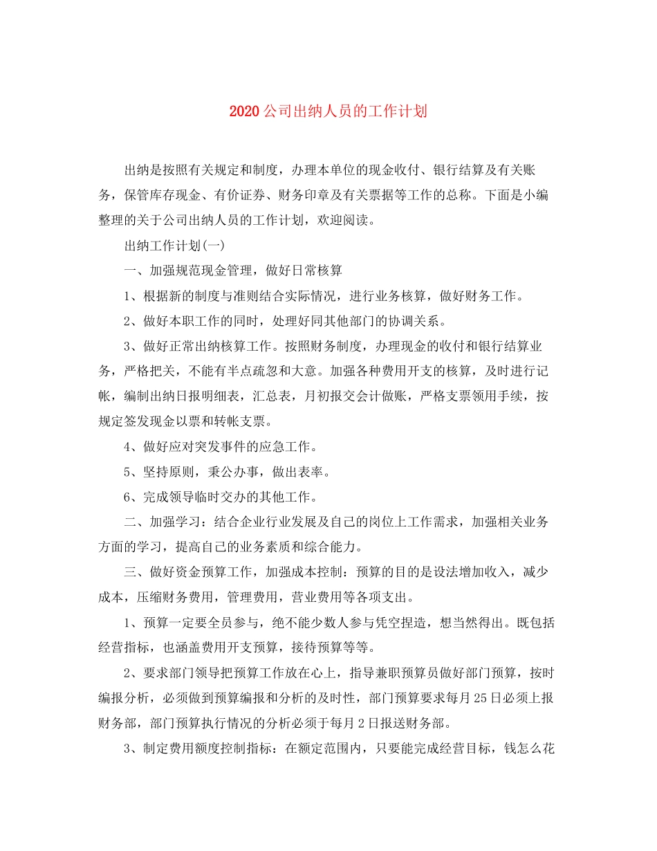 公司出纳人员的工作计划_第1页
