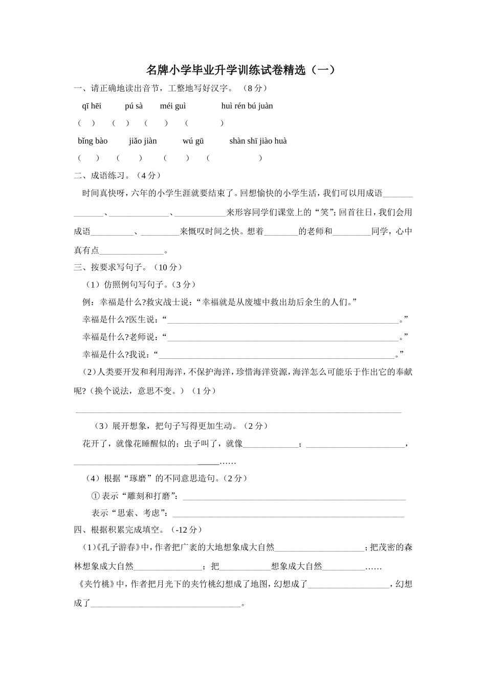 名牌小学毕业升学训练试卷精选1_第1页
