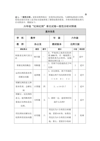 六年级数学试题一致性分析对照表