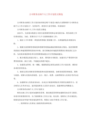 公司财务出纳个人工作计划范文精选
