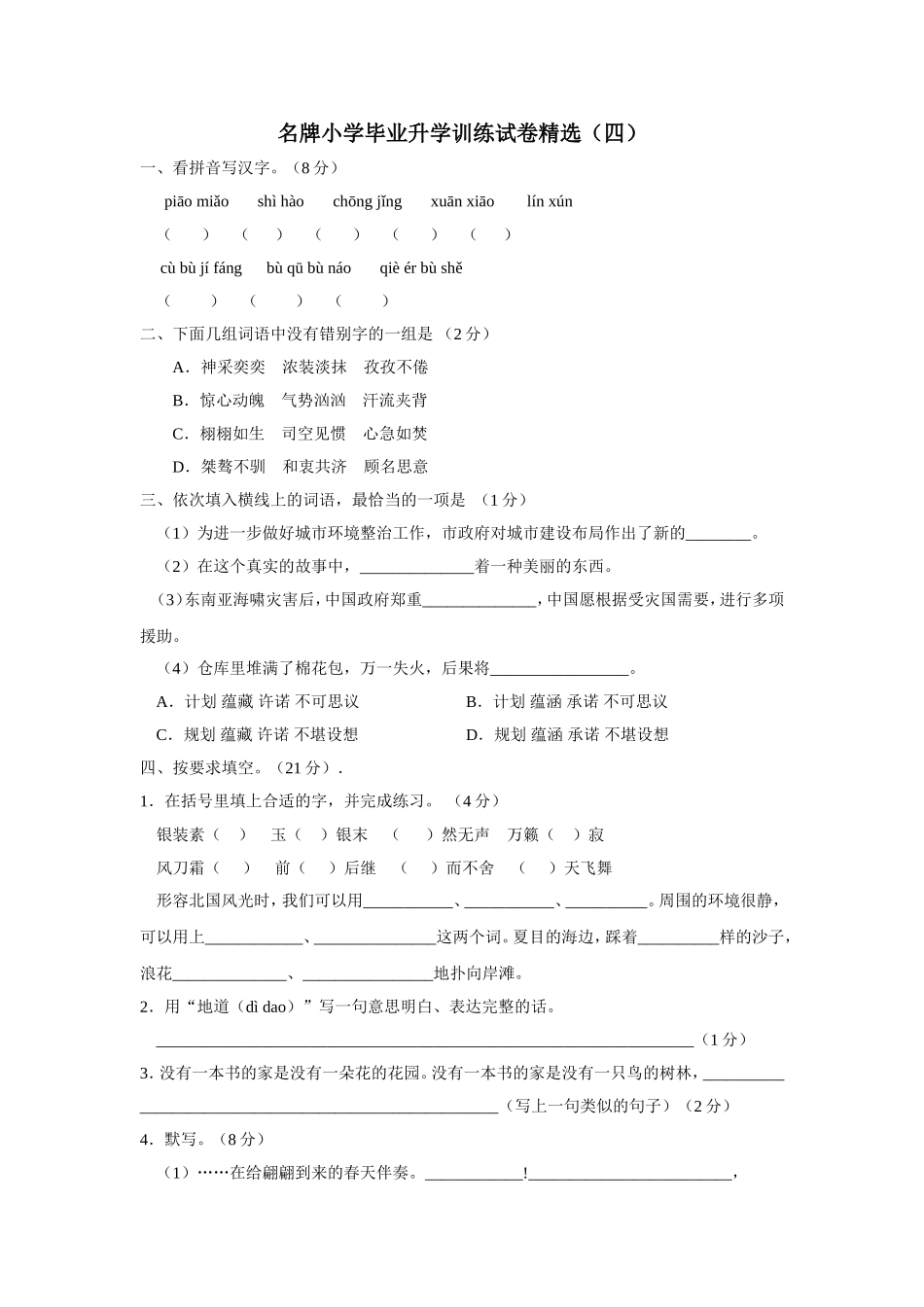 名牌小学毕业升学训练试卷精选4_第1页