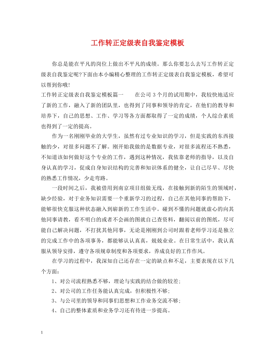 工作转正定级表自我鉴定模板 _第1页