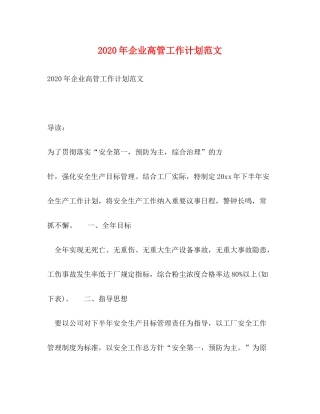 2020年企业高管工作计划范文