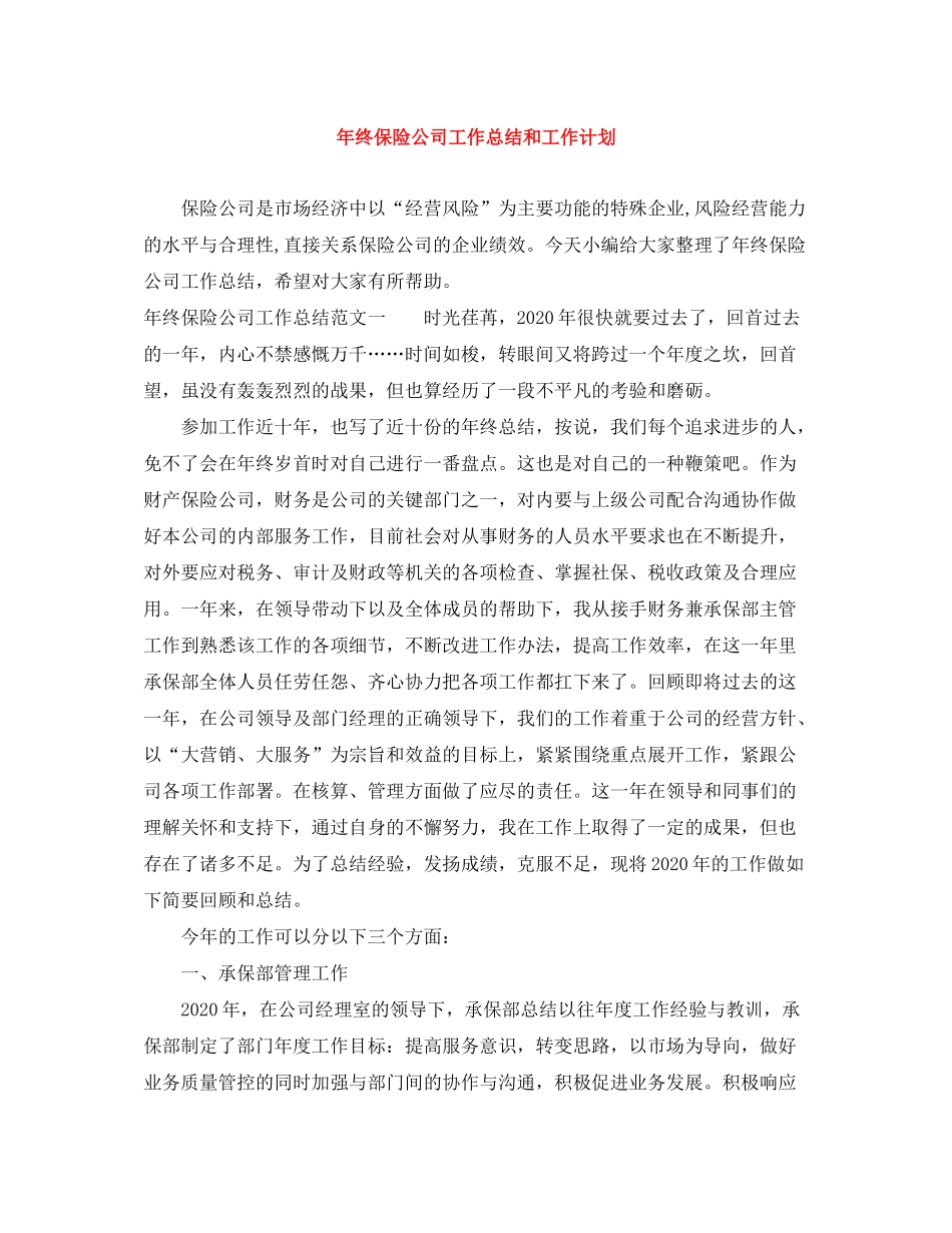 2020年终保险公司工作总结和工作计划_第1页