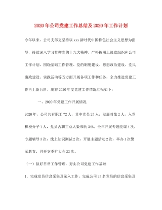 2020年公司党建工作总结及年工作计划