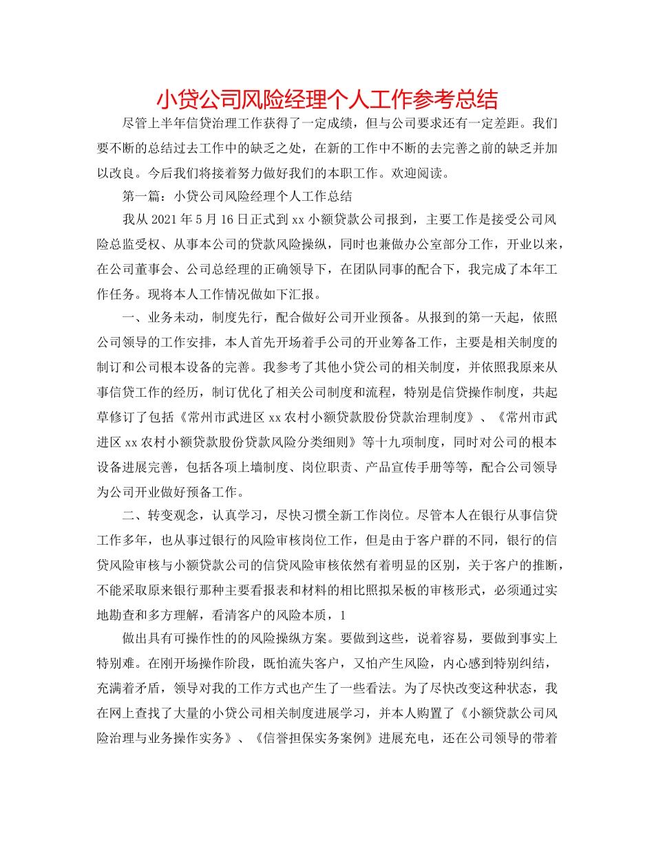 小贷公司风险经理个人工作参考总结 _第1页