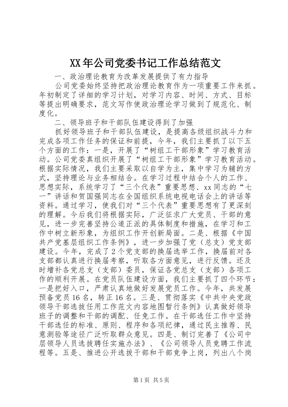 XX年公司党委书记工作总结范文_第1页
