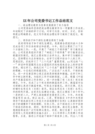 XX年公司党委书记工作总结范文