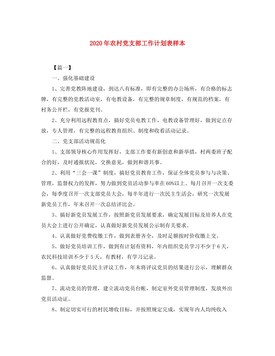 2020年农村党支部工作计划表样本_第1页