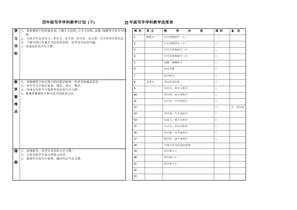鄂教版四下写字计划(2)_第1页