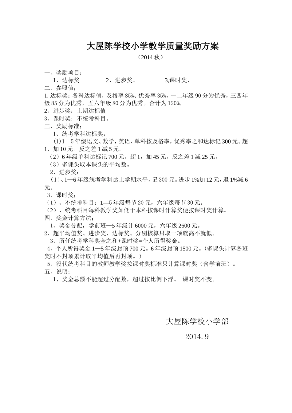 大屋陈学校小学教学质量奖励方案_第1页