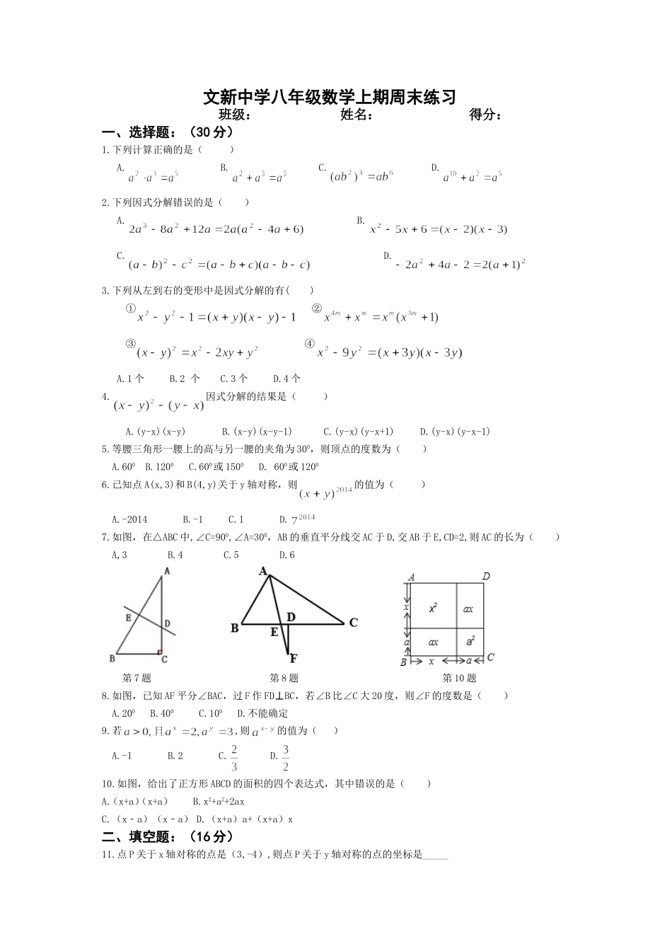 文新中学八年级数学上期周末练习_第1页