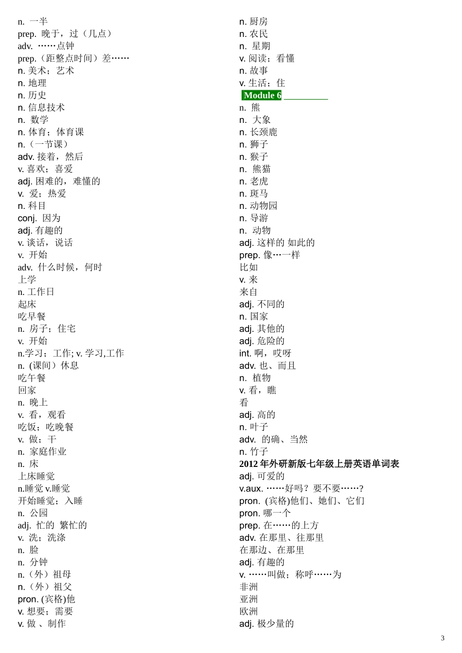 2012年外研新版七年级上册英语单词听写表_第3页