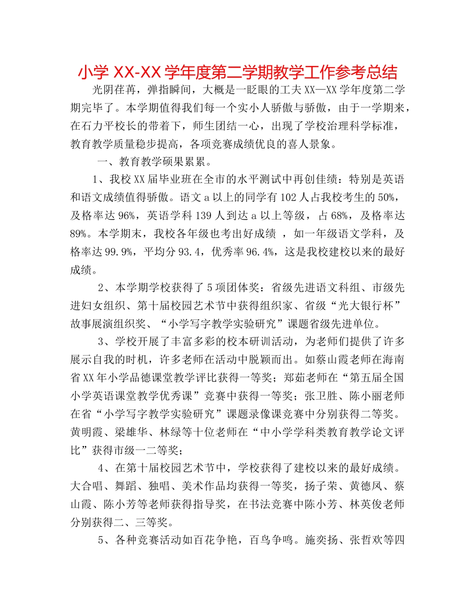 小学 XX-XX学年度第二学期教学工作参考总结 _第1页