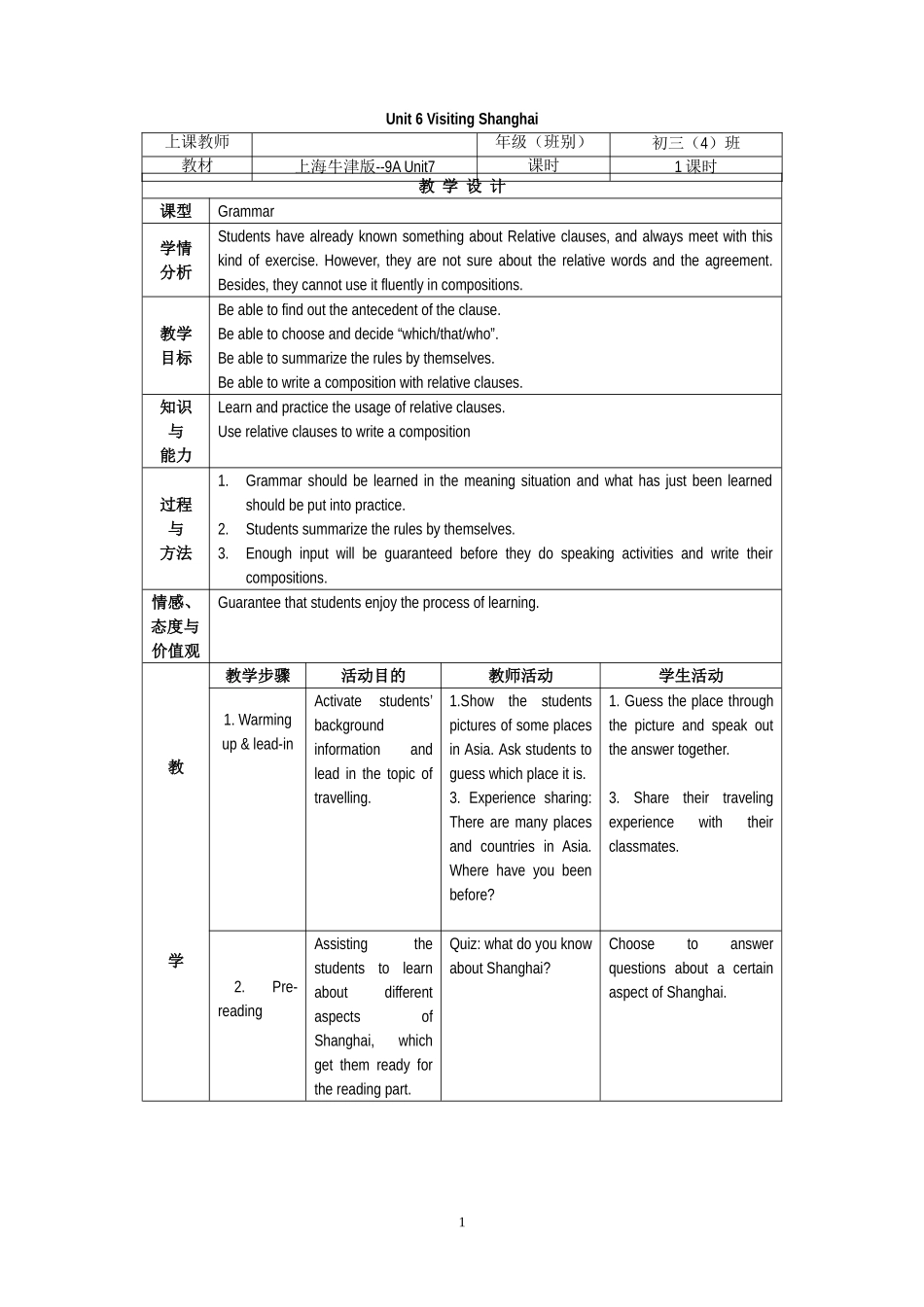 初三Unit6VisitingShanghai教案设计_第1页