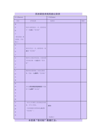 英语课堂表现奖励记录表