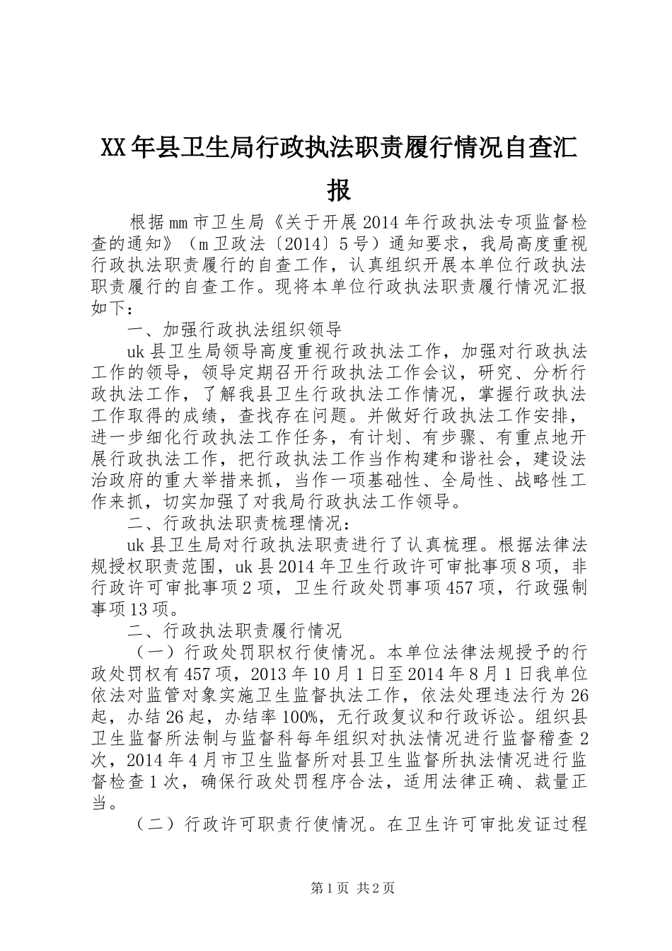 XX年县卫生局行政执法职责履行情况自查汇报_第1页