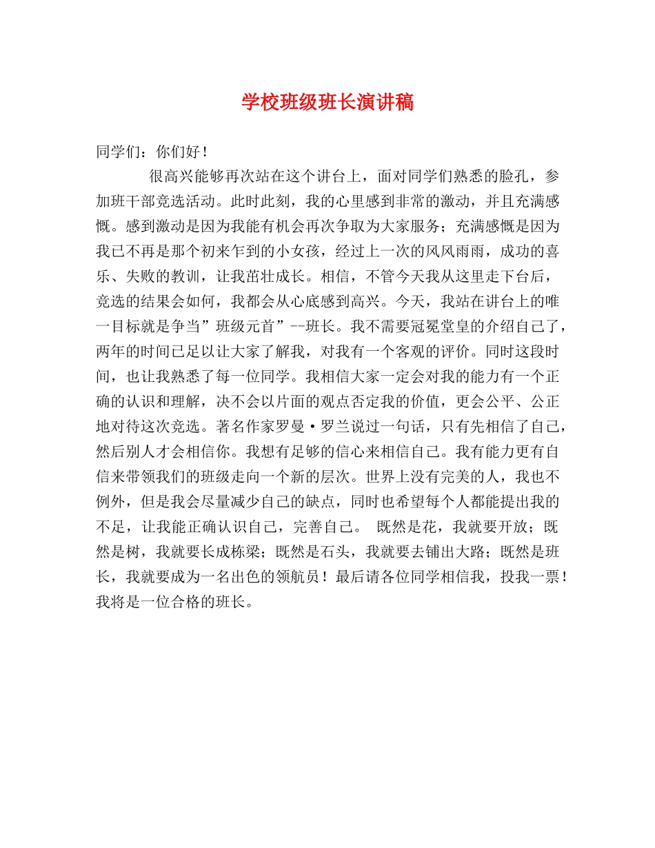 学校班级班长演讲稿 _第1页