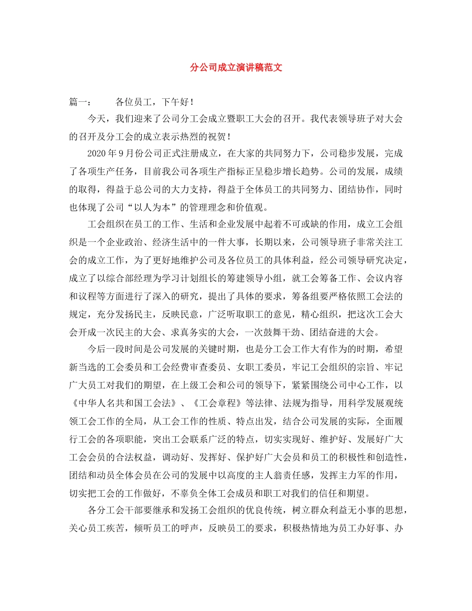分公司成立演讲稿范文 _第1页