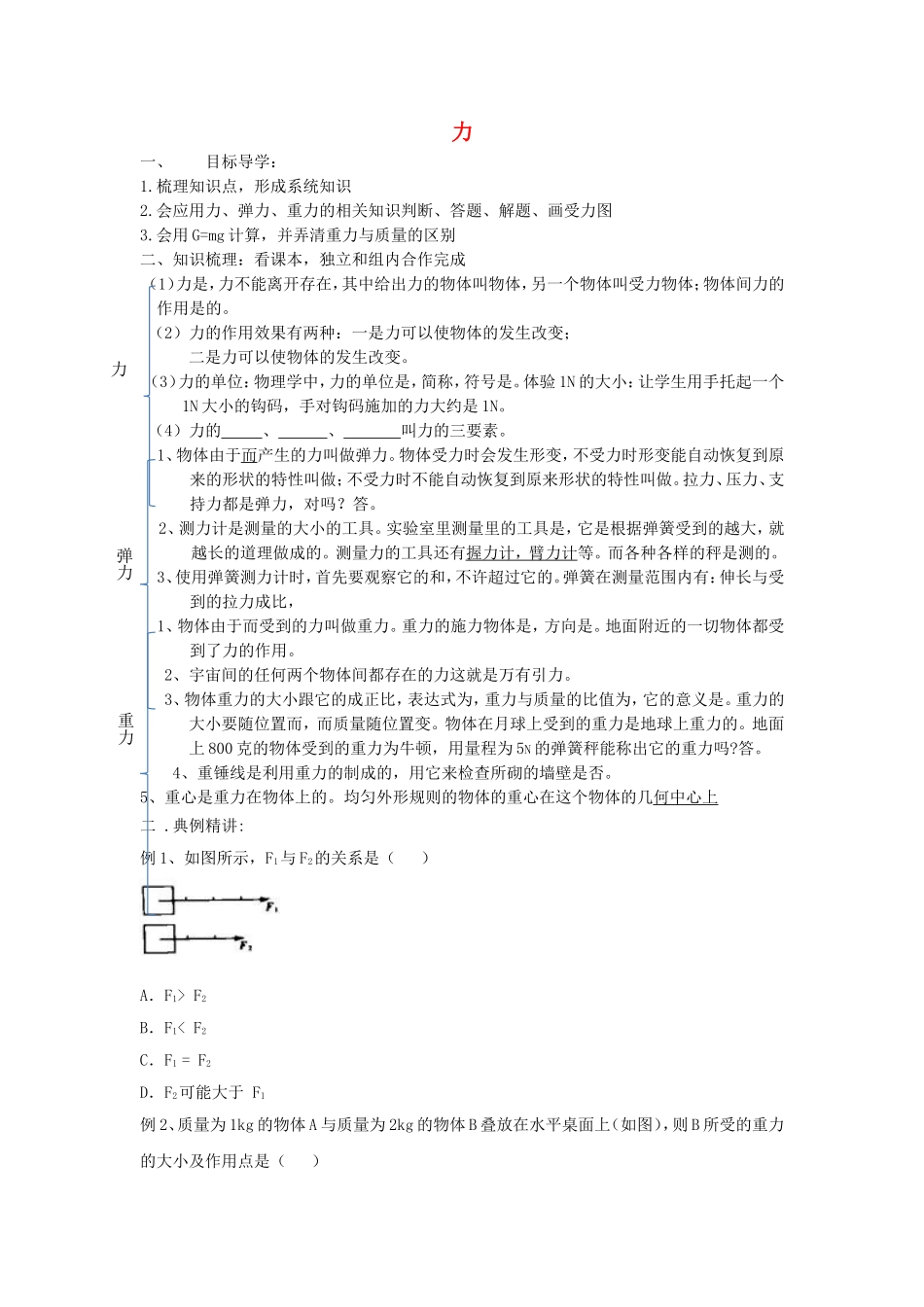 八年级物理下册第七章力复习学案（无答案）（新版）新人教版_第1页