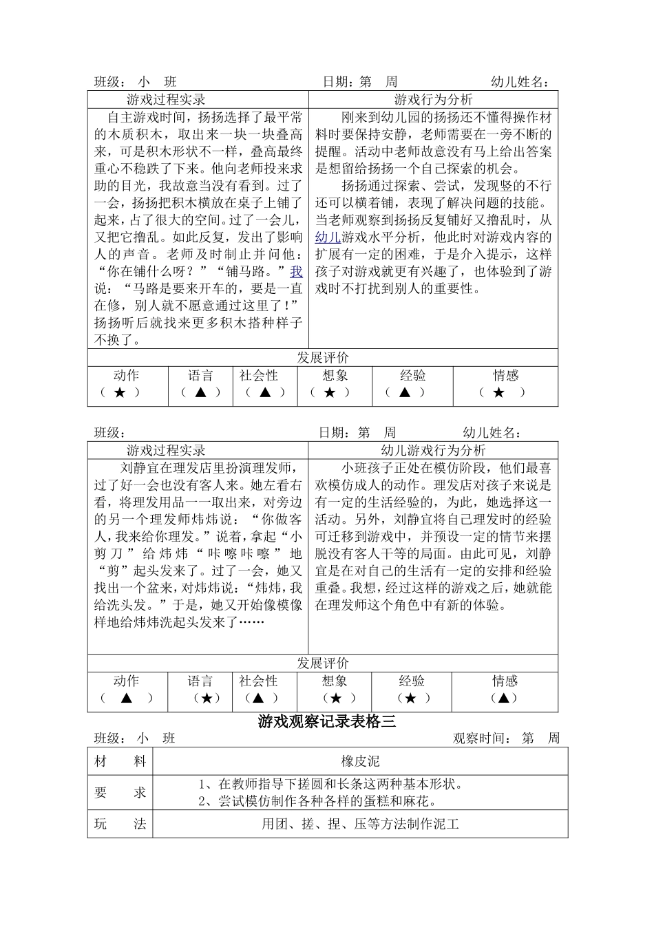 五种小班常见游戏观察记录表_第2页