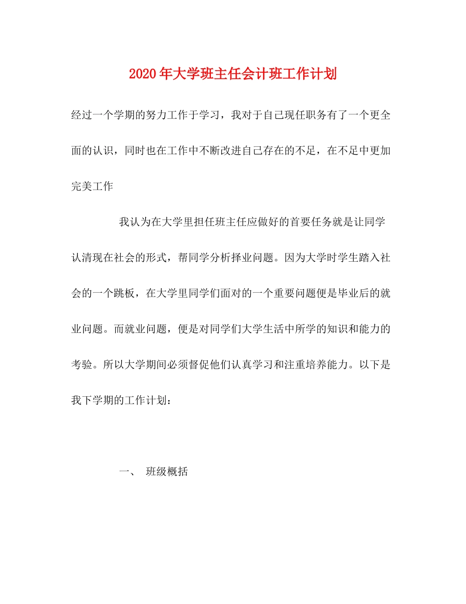 2020年大学班主任会计班工作计划_第1页