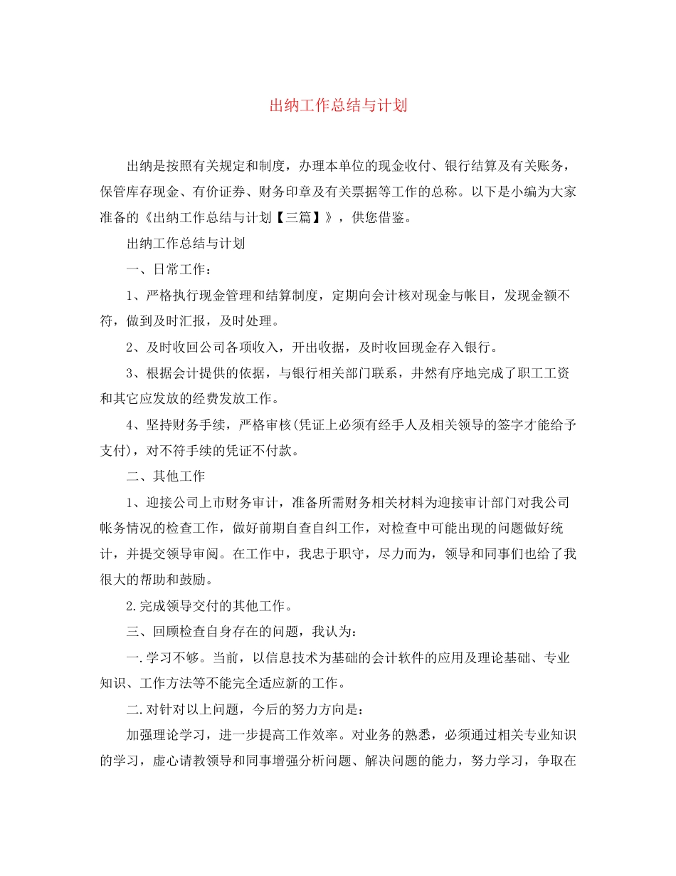 出纳工作总结与计划2_第1页