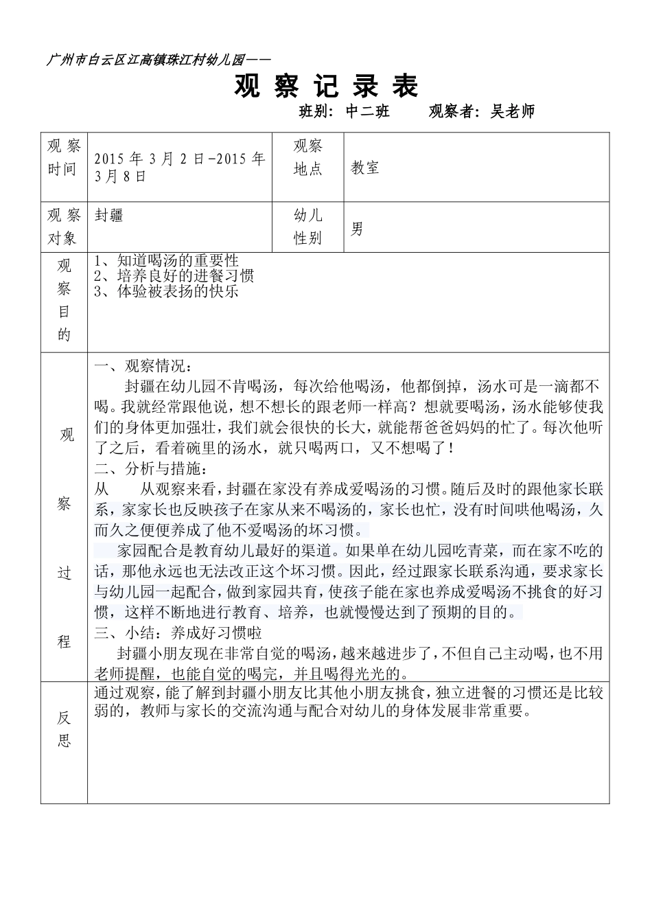 2015年幼儿3月观察记录表_第1页