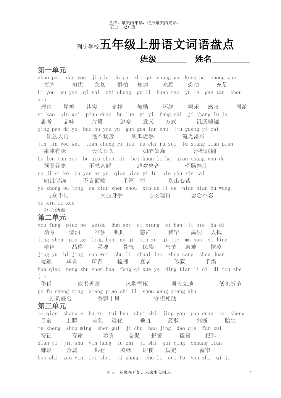 人教版列宁学校语文五年级上册词语盘点(带拼音)_第1页