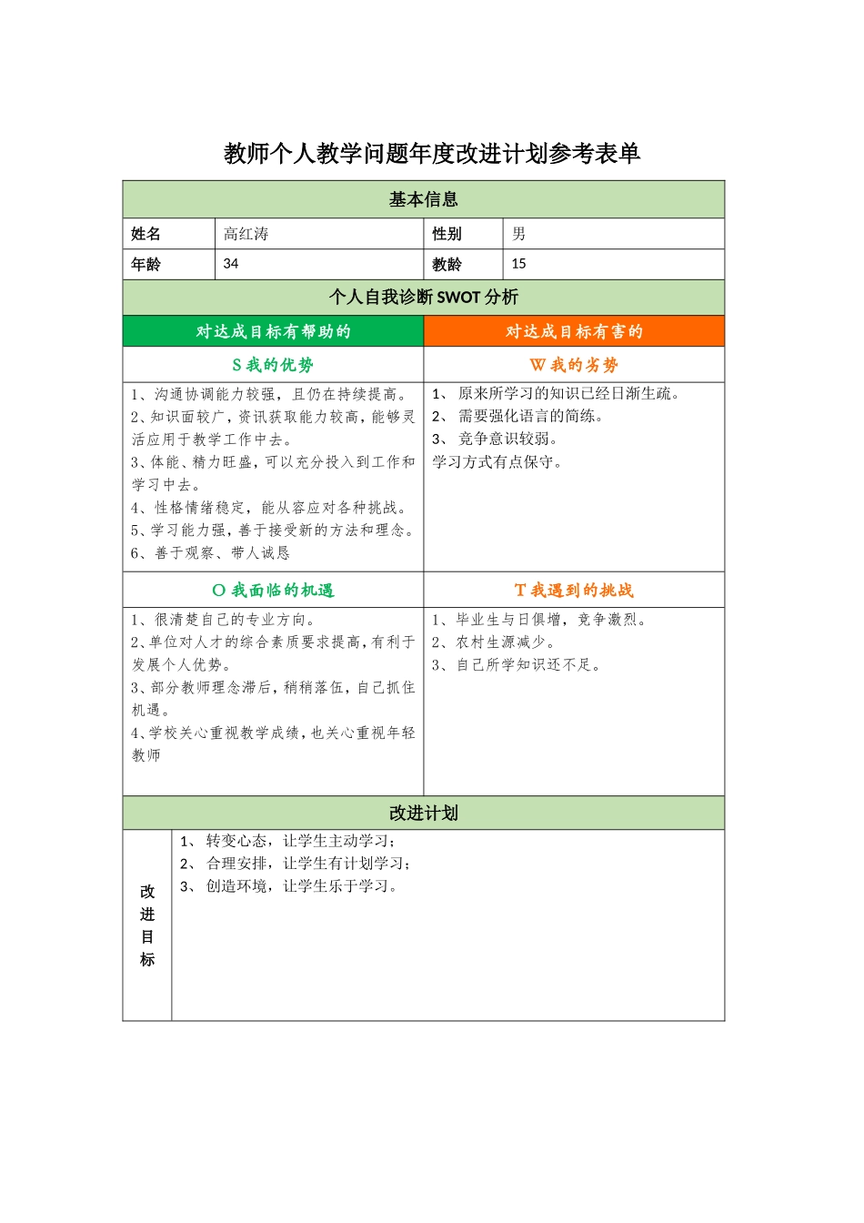 教师个人教学问题年度改进计划参考表单_第1页